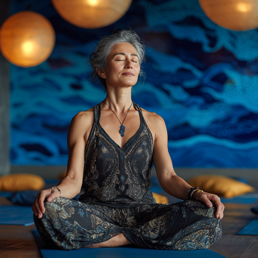 Katta yoshdagi ayol yoga mashq qilmoqda