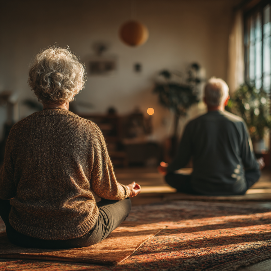 Katta yoshdagi erkak yoga pozasida